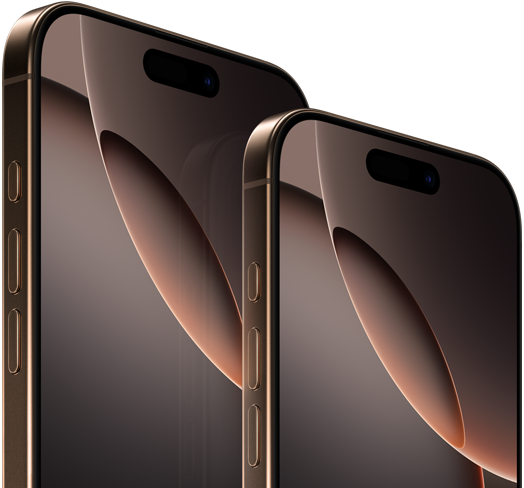 6.9 inç iPhone 16 Pro Max ve 6.3 inç iPhone 16 Pro’nun önden dış görünümü, Eylem düğmesi, ses düğmeleri ve üste yakın şekilde ortalanmış Dynamic Island