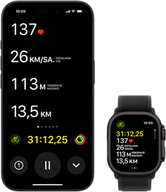 Hem Ultra 2 hem de iPhone’daki Canlı Etkinlik ekranında bir kişinin bisiklet ölçümleri gösteriliyor