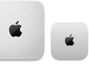 Apple logosuyla gümüş rengi Mac mini’nin yukarıdan görünümü