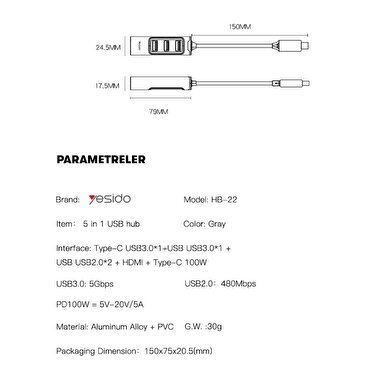 Yesido 5 in 1 Dönüştürücü Siyah 6971050266132