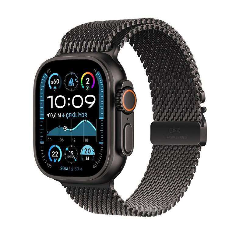 Apple Watch Ultra 2 GPS + Cellular 49mm Siyah Titanyum Kasa  Siyah Titanyum Milano Loop - M  MX5U3TU/A